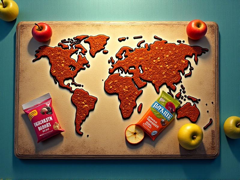 A colorful overhead shot of travel-friendly snacks: nut bags, granola bars, dried apple slices, and chicory-infused crackers arranged on a map-shaped cutting board. Bright, natural lighting enhances the vibrant hues, while a blurred airport background suggests mobility and adventure.