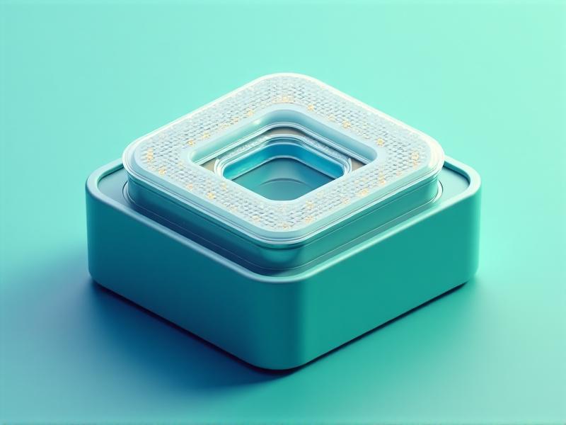 A modular meal kit box with visible IoT components: Tiny Bluetooth temperature sensors embedded in lid liners, LED indicators showing freshness status, and QR codes linking to real-time tracking data. Cool blue and green tones evoke freshness, with a clean minimalist design. Style: Isometric technical illustration with semi-transparent layers revealing internal electronics.