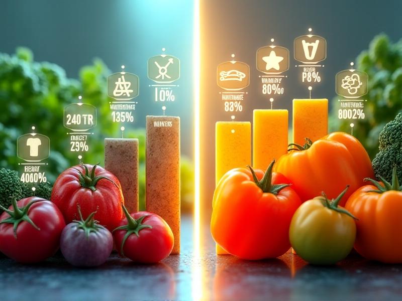 An infographic comparing nutrient levels in vegetables: left side shows boiled vegetables with faded colors and descending percentage bars, right side displays vibrant waterless-cooked veggies with higher percentage bars, laboratory-style lighting with scientific icons superimposed