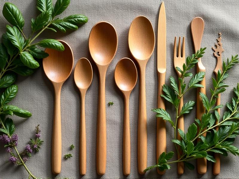 A collection of earthy-toned kitchen utensils made from bamboo and mycelium, arranged on a reclaimed wood table with fresh herbs and a linen napkin, illuminated by soft morning light