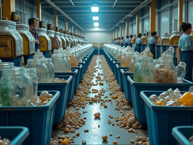 A recycling facility with workers sorting materials, including glass jars and metal components from magnetic storage systems. The scene highlights eco-friendly practices, with bins labeled 'Glass' and 'Metal' and a conveyor belt carrying reusable materials. Bright industrial lighting and blue uniforms emphasize a focus on sustainability.