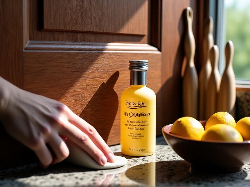 A person’s hand wiping a dark walnut magnetic strip with a microfiber cloth, revealing polished wood grain. A bottle of wood conditioner and a bowl of lemon slices sit on a granite counter below. Sunlight streams through a window, casting clean, organized kitchen tools in the background.