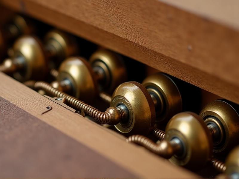 A macro photograph of a retractable table's brass telescopic rail system, showing intricate ball bearings and grease-coated gears. The mechanism is mounted inside a reclaimed teak cabinet, with a copper counterweight chain visible in shallow focus.