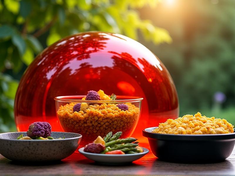 A solar oven filled with a glass bowl of quinoa, a ceramic dish of roasted vegetables, and a cast-iron skillet with golden cornbread. Sunlight glints off the oven’s aluminum reflectors. Keywords: solar-cooked meal, plant-based dishes, summer cooking.