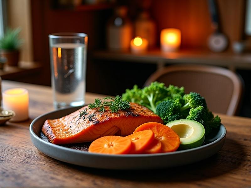 A rustic wooden table with a balanced meal of grilled salmon, sweet potatoes, steamed broccoli, and avocado slices, paired with a tall glass of electrolyte-infused water. The setting is a cozy cabin kitchen with soft lantern light, conveying comfort and nourishment. The style is inviting and detailed, with rich greens, oranges, and earthy tones highlighting nutrient diversity.