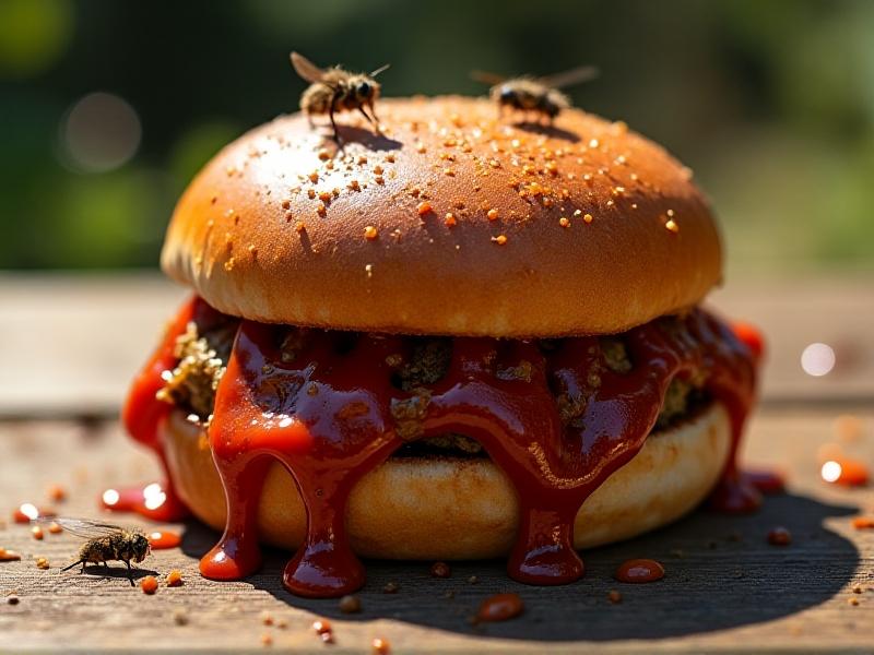 A close-up of a dirty squeeze tube nozzle crusted with dried barbecue sauce, placed precariously on a moldy hamburger bun. The background shows a cluttered picnic table under harsh sunlight, with flies hovering nearby. The style uses hyperrealistic textures to emphasize neglect.