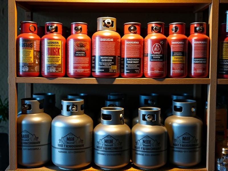 A shelf stocked with butane and propane canisters in a camping store. Propane tanks dominate the lower shelf, labeled ‘Coleman’ and ‘MSR,’ while butane canisters sit above with bright branding. Warm store lighting highlights product details and safety labels.