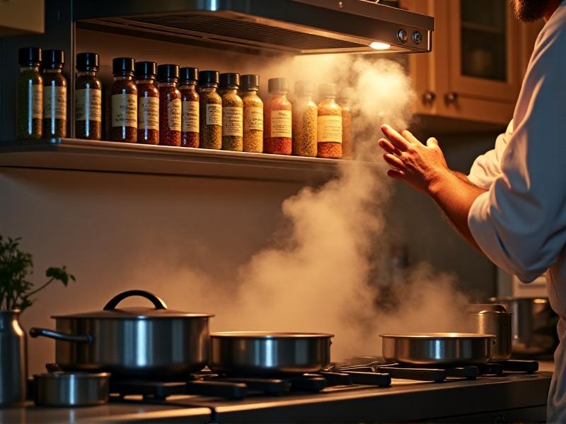 A chef’s hand selecting a magnetic spice jar from a rack mounted above a stove. The rack holds fifteen jars with clear labels, surrounded by stainless steel cookware. Steam rises from a pot, emphasizing real-time cooking convenience.