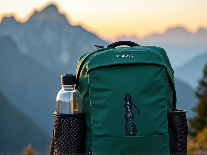 A folded green silicone cookware set nestled inside a hiking backpack’s mesh pocket, alongside a water bottle and rolled-up tent, captured in sharp focus with misty mountain peaks in the background.