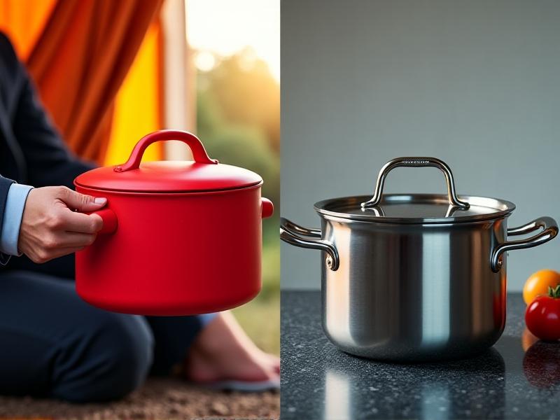 A split-image collage: left shows a flexible red silicone pot bending in a camper’s hand, and right features a polished stainless steel pot with folding handles on a granite kitchen island, contrasting material textures and use contexts.