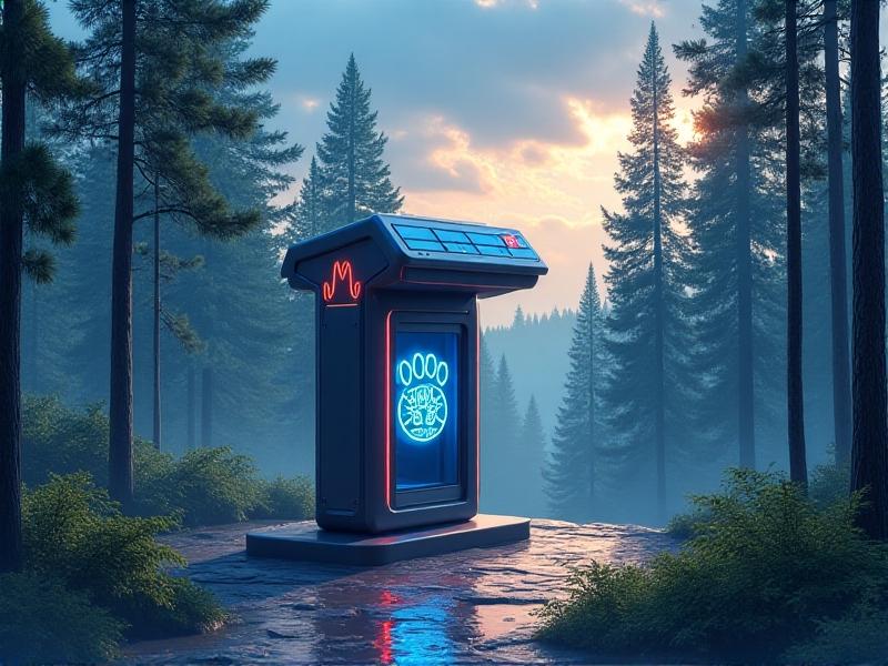 A futuristic bear-proof locker with a glowing touchscreen panel and solar roof panels stands at a trailhead kiosk. A holographic bear icon pulses warning signs as storm clouds gather over the pine forest, blending technology and wilderness aesthetics.