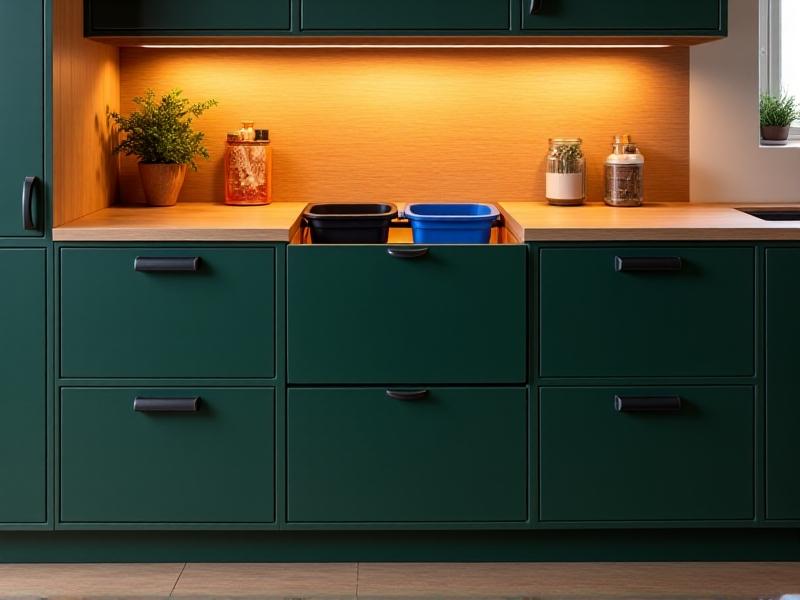 A detailed view of a custom oak cabinet with a built-in slide-out trash system. The compartment features two removable plastic bins—one black for general waste and one blue for recyclables. The cabinet face has a shaker-style panel painted forest green, blending with adjacent drawers. Warm LED under-cabinet lighting illuminates the textured countertop surface.