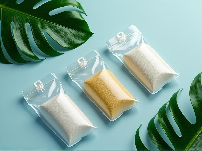 A minimalist flat lay of translucent pouches filled with white and golden prebiotic powders, next to a modern water bottle and tropical foliage. Cool-toned lighting with soft shadows creates a clean, science-inspired aesthetic, emphasizing purity and convenience.
