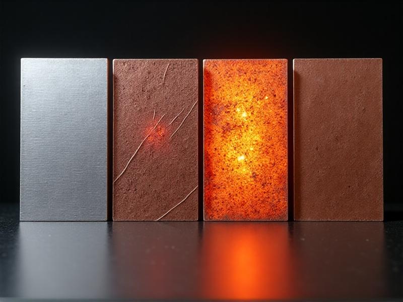 Close-up of four metal samples: brushed aluminum, textured cast iron, polished stainless steel, and copper. Laboratory lighting accentuates their unique grain patterns and reflective qualities, symbolizing material choices for heat diffusion.