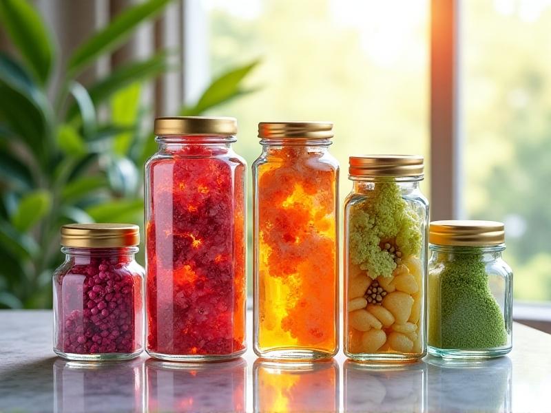 A set of hexagonal glass jars with gold metal lids, stacked vertically in a honeycomb pattern. Each jar holds a different superfood: bright green matcha, crimson hibiscus petals, and amber-colored manuka honey. The arrangement sits on a marble countertop with soft, diffused lighting casting subtle shadows.