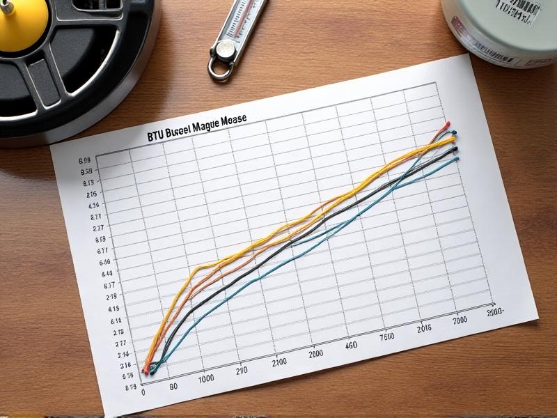 A line graph comparing BTU outputs of butane and propane stoves across temperature ranges, from -20°F to 80°F. Propane’s line remains steady, while butane’s drops below freezing. The graph is set on a wooden table with a stove and thermometer nearby, styled in muted tones with clear labels.