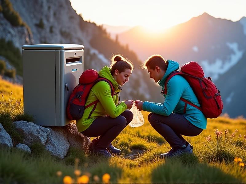 Two hikers in colorful outdoor gear kneel by a bear-proof locker in a rocky alpine meadow, carefully sealing a translucent food bag inside. The golden-hour sun casts long shadows, emphasizing their focused expressions and the rugged mountain backdrop.