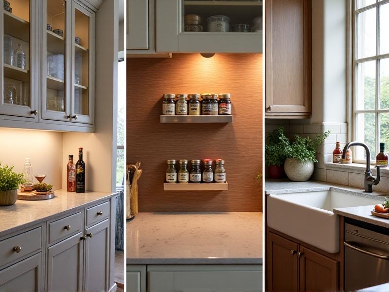 A collage of three magnetic spice rack styles: a brushed nickel strip with hexagonal spice tins, a walnut wood panel with round magnetic containers, and a drawer insert holding rectangular jars. Each design is photographed in a different kitchen setting with warm, inviting lighting.