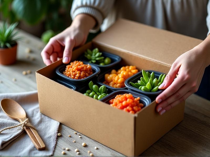 An eco-friendly meal kit unboxing: hands unwrapping a compostable kraft paper box filled with biodegradable containers holding vegan sushi and edamame. A reusable ice pack made from recycled materials sits beside a bamboo utensil set tied with jute twine. The rustic table setting includes a linen napkin and a small potted succulent, symbolizing sustainability.