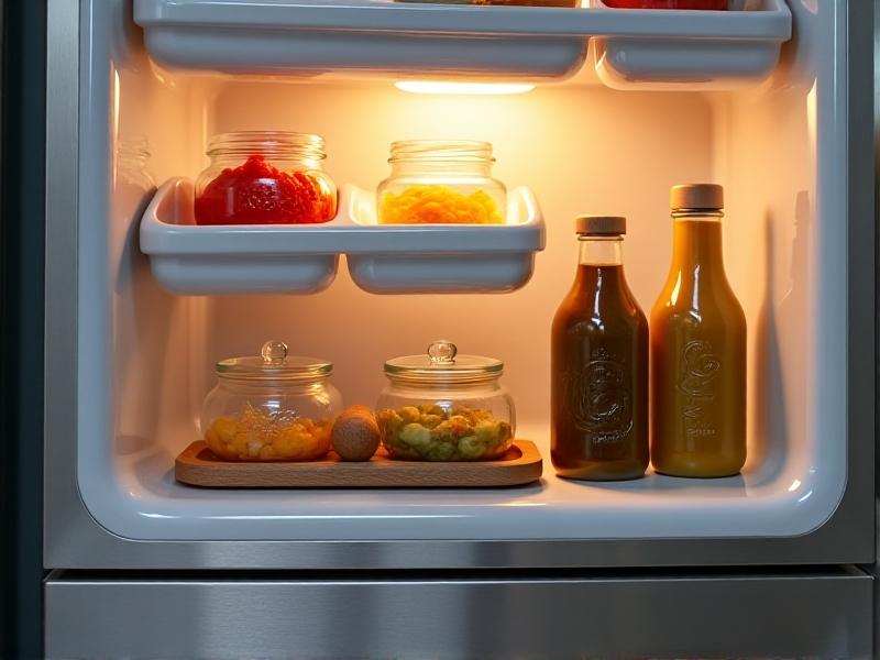 A refrigerator door with clear acrylic bins holding condiment bottles, a butter dish with a wooden lid, and small glass jars of pickled vegetables. The bins have silicone grips to prevent slipping, arranged against a brushed metal door backdrop with soft LED strip lighting.