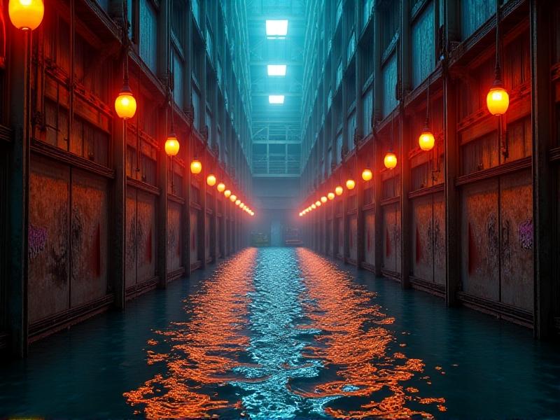 A flooded industrial warehouse at night, with submerged pallets of canned goods and floating cardboard boxes under torrential rain. Neon emergency lights cast orange reflections on swirling dark waters, conveying chaos and vulnerability.