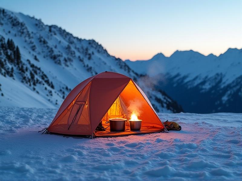 A professional-grade stainless steel windbreak system with interlocking panels and adjustable vents, mounted around a expedition-style stove in a snowy mountain campsite. The reflective surfaces gleam under soft twilight, with steam rising from a simmering pot.