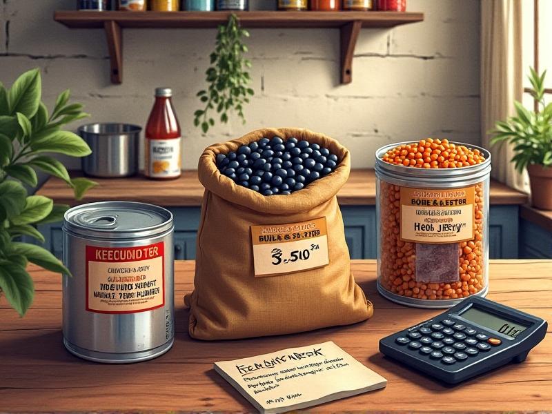 A price comparison display: dried black beans in a burlap sack ($1.50/lb), canned chicken breast ($3.50/can), bulk-bin red lentils ($1.20/lb), and economy-pack beef jerky ($6.00/bag). The setting is a rustic kitchen with a calculator and notepad, emphasizing cost-conscious decision-making.