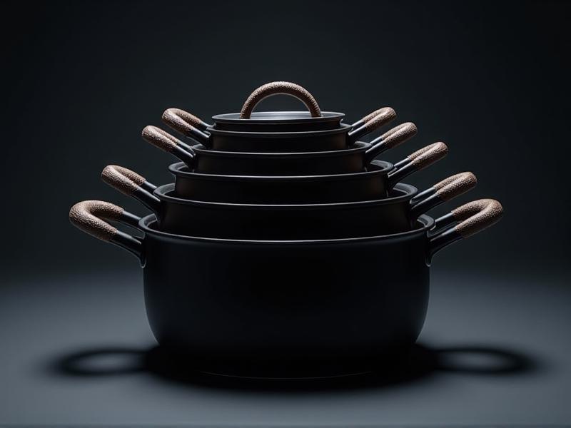 A set of anodized aluminum pots with matte black surfaces nested inside each other, induction-compatible bases gleaming under studio lights, textured handles and minimalist design highlighting modern aesthetics.