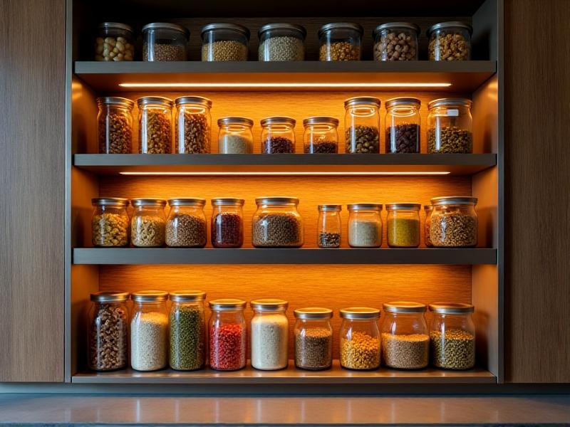 A sleek metal shelving unit with adjustable height settings, holding stackable plastic bins filled with pasta, grains, and snacks. The brushed steel frames contrast with warm LED strip lighting installed beneath each shelf, creating a modern industrial vibe.
