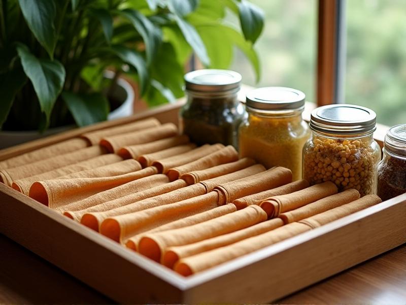 Neatly rolled beeswax wraps stored in a bamboo drawer organizer alongside reusable jars and cloth bags. Warm natural lighting accentuates the sustainable kitchen setup with earthy tones and minimalist design.