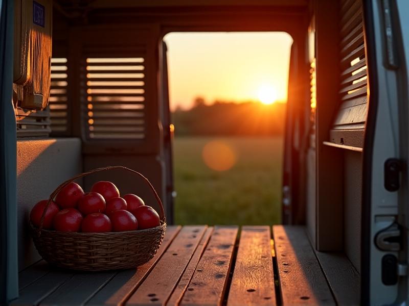 A van roof vent open at sunset, with a cooling breeze rustling a nearby basket of apples. A digital hygrometer mounted on the wall displays 65% humidity, while a fabric storage net sways gently in the airflow below.