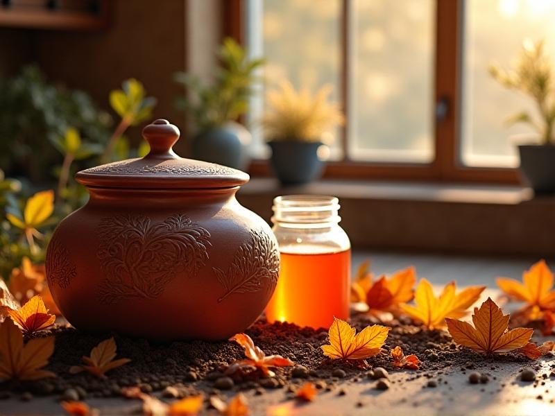 A rustic kitchen scene with seasonal fermentation setups: a clay kimchi pot buried in autumnal soil with fallen leaves, a winter countertop featuring a fermenting jar wrapped in a wool blanket next to a radiator, and a summer setup with jars cooling in a water bath. Soft natural lighting highlights seasonal textures.