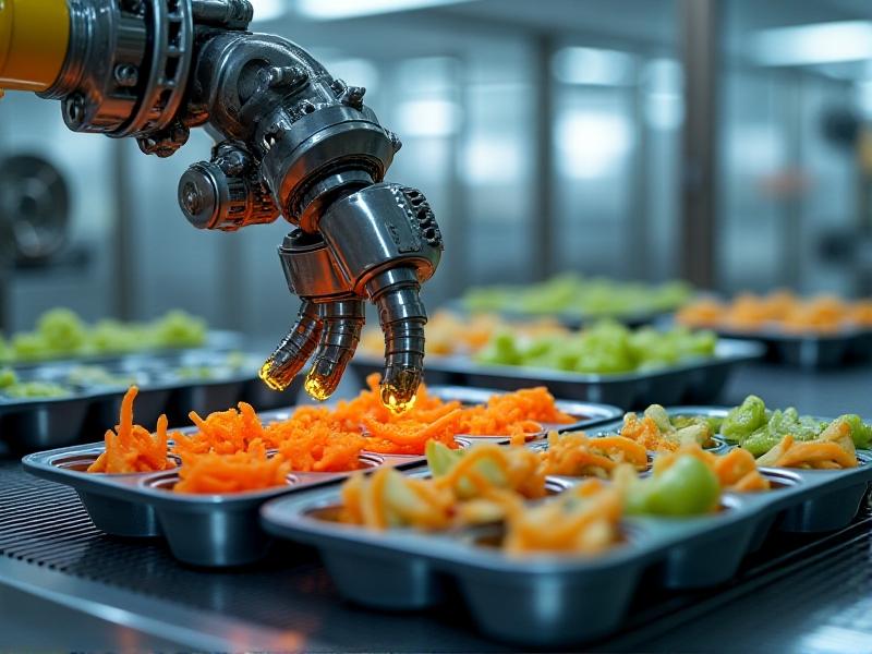 A robotic arm with vacuum grippers precisely placing vegetable portions into modular trays within a high-tech factory. Conveyor belts with stainless steel surfaces, holographic HUDs displaying QA metrics, and dynamic LED strip lighting. Style: Futuristic digital painting with metallic accents and motion blur on robotic components.