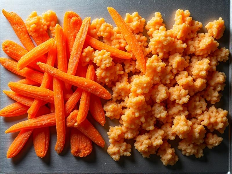 An overhead view of assorted dehydrated ingredients: julienned carrots, diced chicken, and rolled oats scattered across a stainless steel kitchen counter, each with distinct textures and warm golden hues under soft studio lighting.