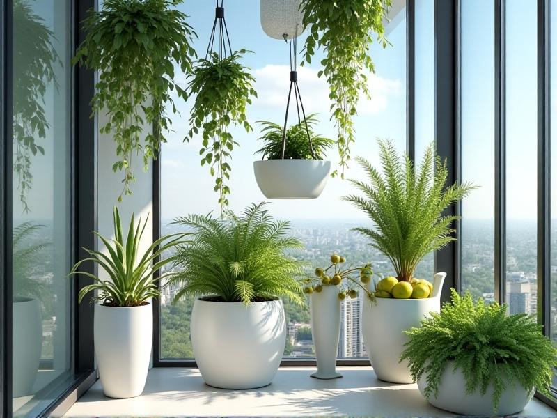A modern urban balcony with white walls and black metal frames supporting multiple hanging mesh nets filled with fresh herbs, green apples, and garlic bulbs. Midday sunlight casts sharp shadows, highlighting the contrast between the vibrant produce and minimalist design elements.