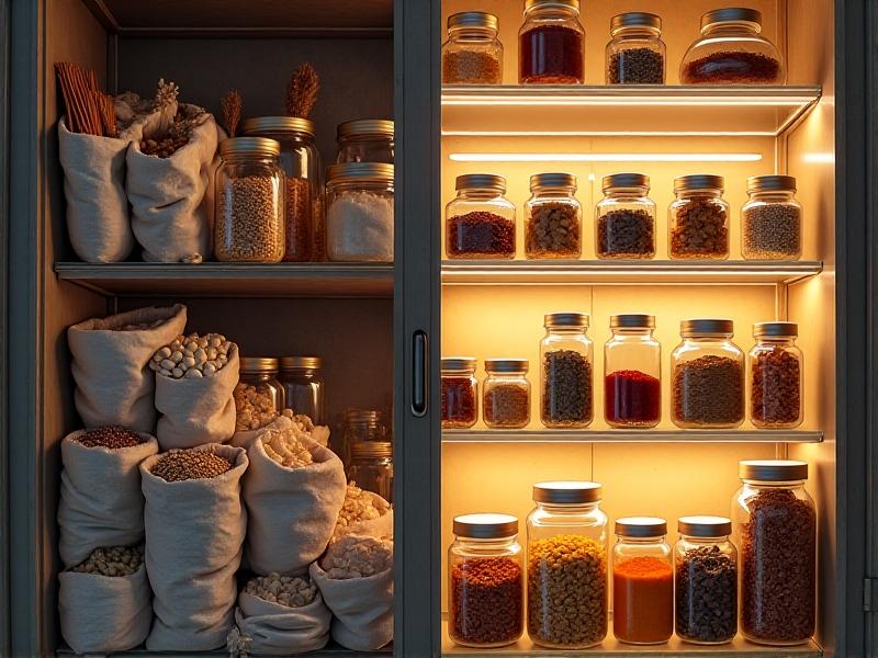 Side-by-side comparison: Left shows a cluttered pantry with overlapping bags and boxes. Right features vertical stacking with tiered acrylic shelves holding matching jars of spices, nuts, and dried fruits. Soft LED strip lighting illuminates each layer.