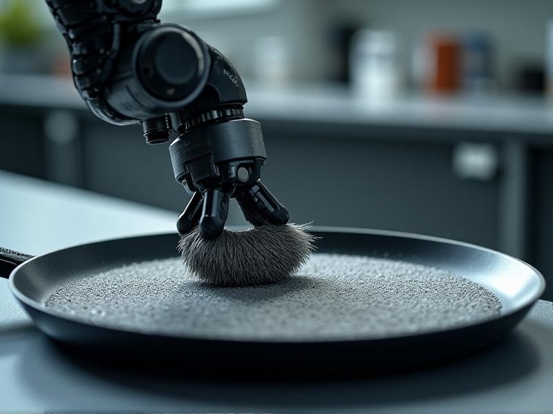 A robotic arm scrubs a non-stick pan with steel wool in a controlled lab environment, close-up of the abrasive motion with visible scratch marks, high-contrast lighting emphasizing texture degradation.