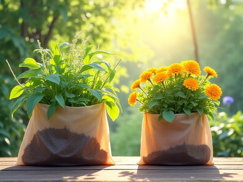 A sunlit garden patio with two repurposed insulated grocery bags serving as planters. One bag bursts with vibrant green herbs and yellow marigolds, soil visible at the top. The other holds gardening tools like trowels and gloves, placed beside a terracotta pot. Dappled sunlight filters through nearby trees.