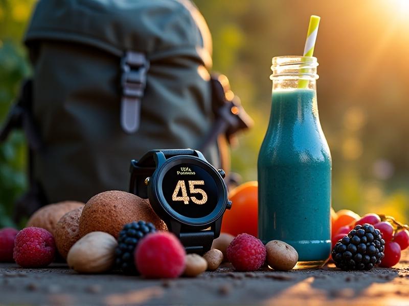 A close-up of a digital watch showing 45 minutes elapsed time, next to a protein smoothie in a reusable bottle surrounded by nuts and berries. The background features a hiking backpack and trekking poles, with soft morning light casting warm shadows. The image style is crisp and modern, focusing on urgency and precision in post-hike nutrition.