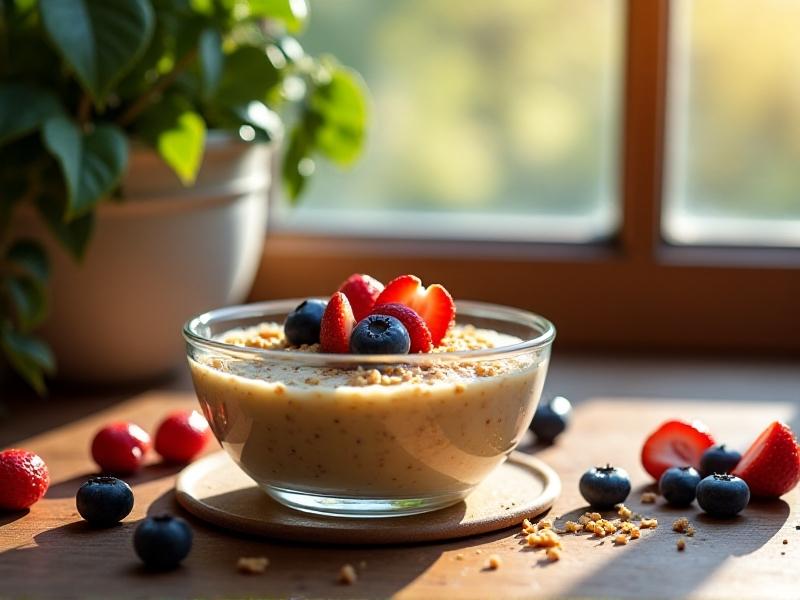 A glass bowl filled with creamy steel-cut oats topped with blueberries, sliced strawberries, and almond flakes. Morning sunlight streams through a window, casting soft shadows on a rustic wooden table. The thermal cooker sits beside the bowl, its lid slightly open, releasing a wisp of steam.