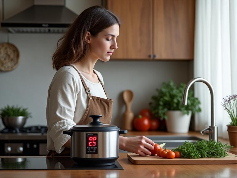 A person's hand turning a black rubberized pressure cooker knob against a brushed metal surface. A digital kitchen timer displays 25 minutes in bold red numbers, with fresh vegetables and a recipe book blurred in the background, lit by morning light streaming through gauzy curtains.