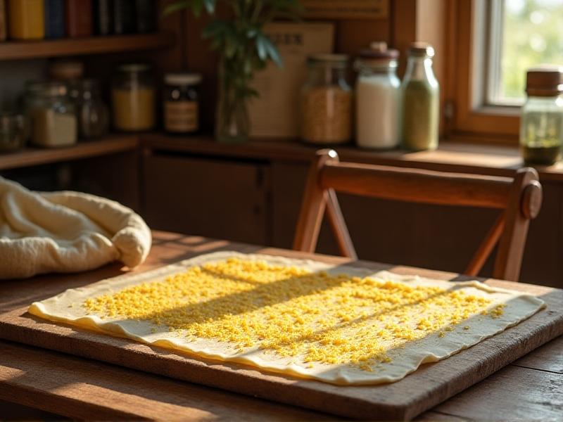 A rustic kitchen scene with a beeswax wrap on a baking sheet, sprinkled with grated beeswax. Warm golden light streams through a window, highlighting the DIY restoration process and eco-conscious kitchen tools nearby.