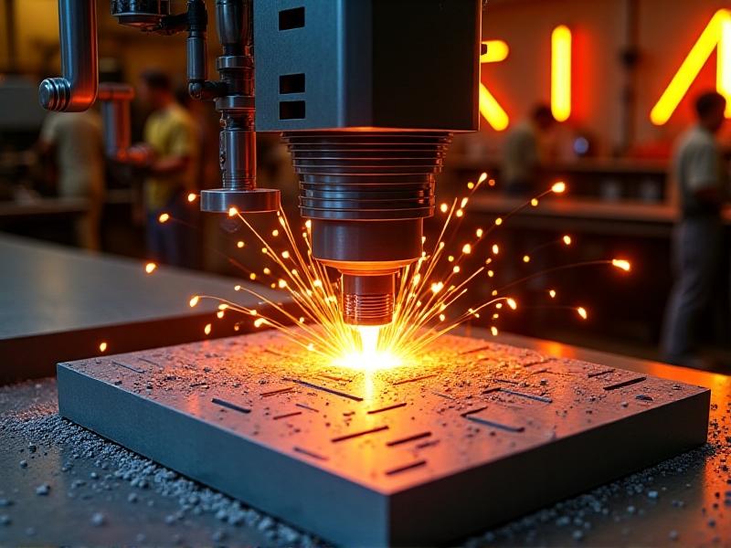 A CNC machine carving a heat diffuser plate from an aluminum block, emitting bright sparks. Industrial workshop setting with neon lighting highlights the mechanical precision and glowing metal shavings.