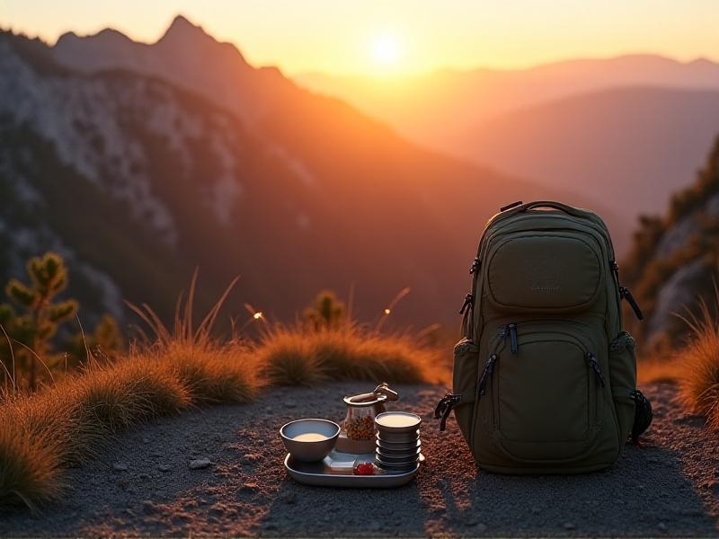 A compact nylon carry case unzipped to reveal nested fold-flat plates and collapsible cups, packed alongside a portable stove in a hiking backpack, set against a mountain trail backdrop at golden hour.