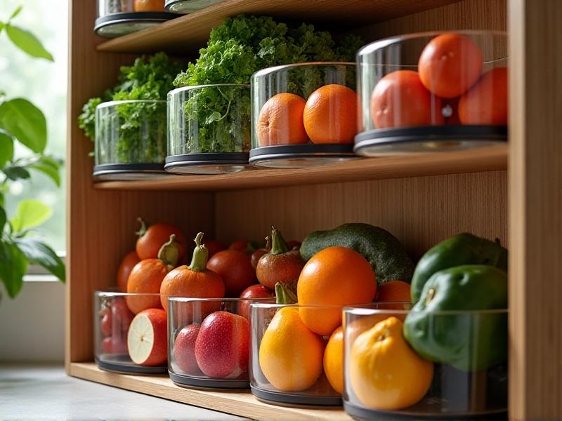 Modular food storage system with hexagonal silicone containers in earthy tones. Containers interlock at varying angles on a bamboo shelf unit. One layer holds leafy greens in vacuum-sealed bags, another displays colorful cut fruits in glass compartments.