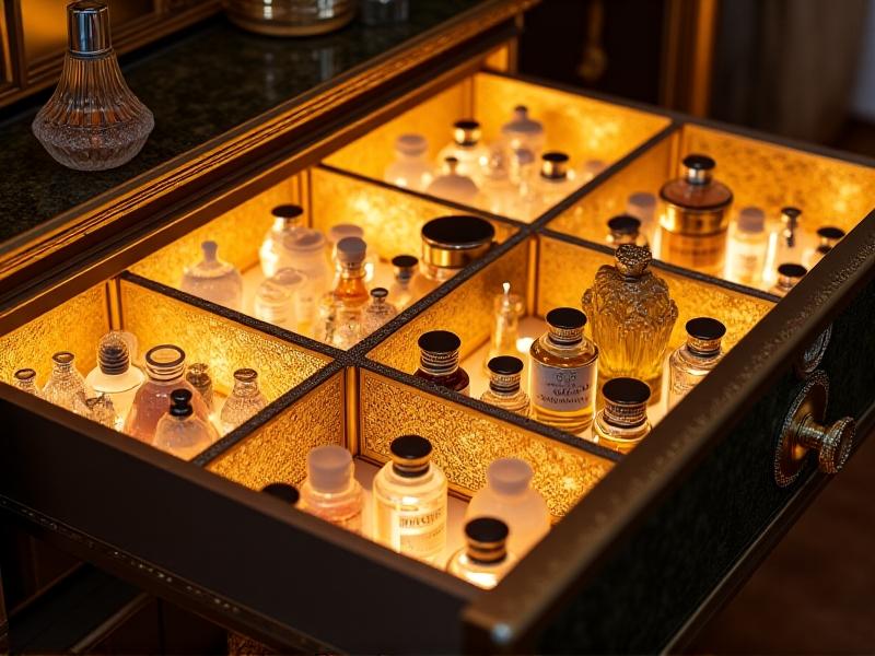 A vanity drawer with gold-filigree dividers organizing perfume bottles and hair accessories. Soft ambient lighting casts subtle shadows, highlighting the intricate metalwork and luxe aesthetic.