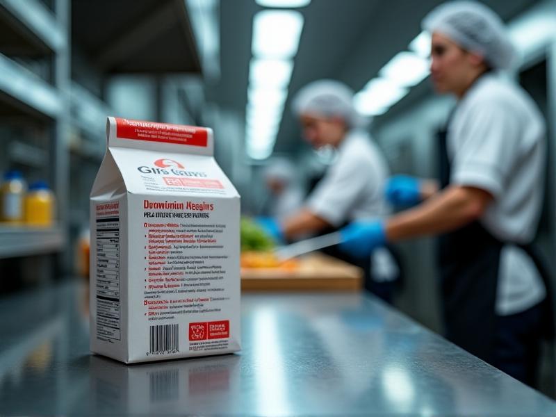 A detailed shot of allergy-friendly labels: close-up of a meal kit package with bold, clear text reading 'Certified Peanut-Free' and 'Produced in a Dedicated Gluten-Free Facility.' The label includes a QR code and a list of ingredients with allergens highlighted in red. The background shows a blurred industrial kitchen with workers in hairnets and gloves, emphasizing hygienic production standards.