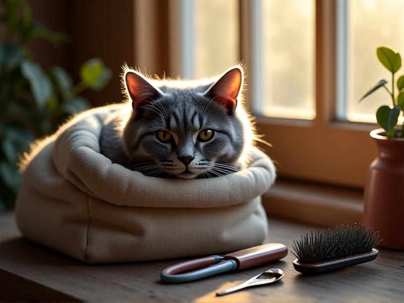 A plush gray cat curled inside a modified insulated grocery bag lined with fleece fabric. Grooming tools like a brush and pet nail clippers sit beside the bag on a wooden bench. Sunlight streams through a window, highlighting the thermal bag’s quilted interior and the cat’s fur texture.