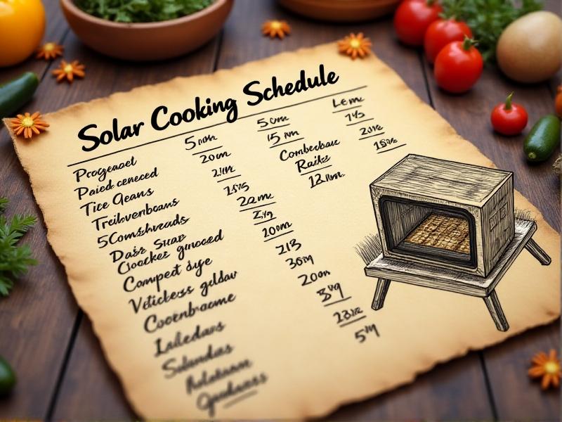 A handwritten chart on rustic parchment paper, listing dishes like vegetable stew, cornbread, and lentils with corresponding cooking times. A solar oven is sketched in the corner, surrounded by sun icons. Keywords: solar cooking schedule, meal planning, handwritten guide.