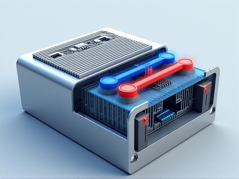 A cross-sectional technical illustration of a USB mini fridge's interior, showcasing a Peltier module sandwiched between aluminum plates. Blue and red arrows indicate heat absorption (cooling) on the interior side and heat dissipation (warming) on the exterior. A small fan attached to a ribbed heat sink blows air outward, with intricate circuit details visible in the background. The art style combines realism with schematic labeling.